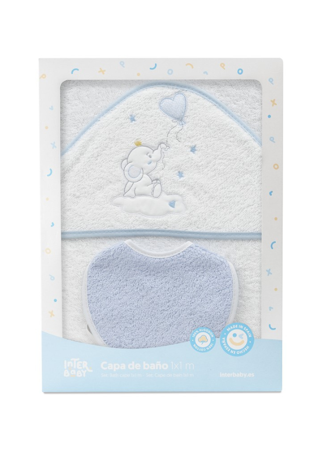 Prosop cu Capison 100x100 cm si Bavetica Alb-Bleu cu Elefantel 01247-11 Interbaby