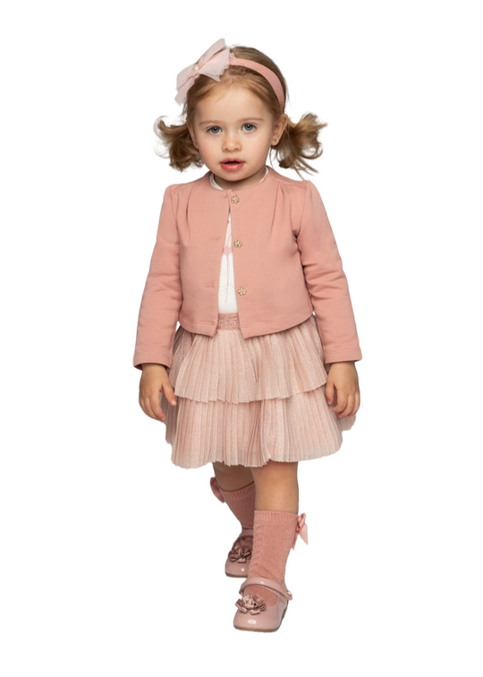 Set of 3 Pink Bolero Pleated Skirt and Cream Blouse with Flower 2928 col 73 Mayoral