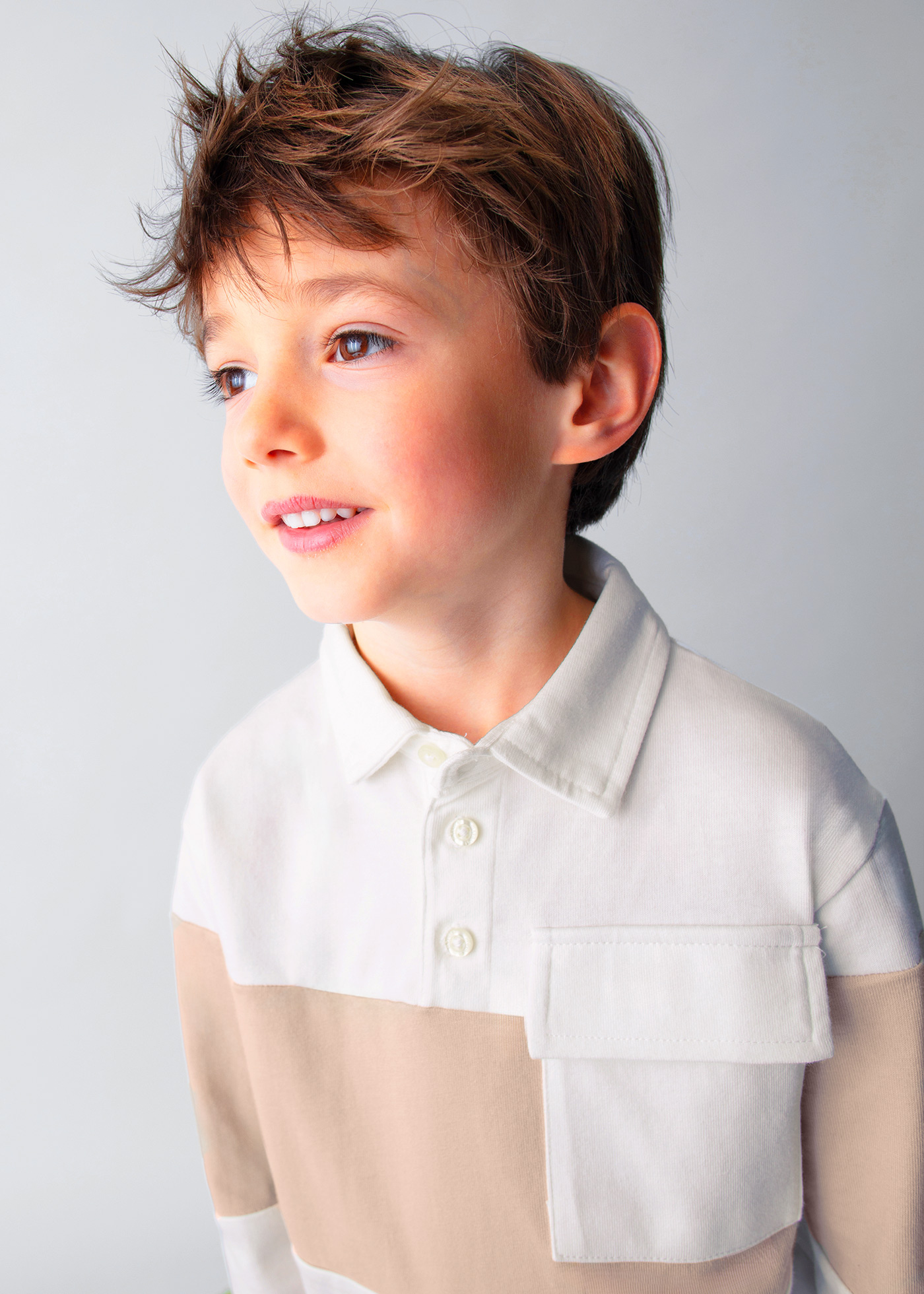 Bluza Polo cu Maneca Lunga Alb cu Bej 4121 Mayoral