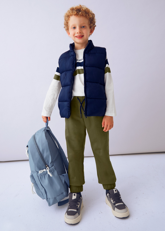 3 Piece Set Olive Sports Pants Cream Blouse and Navy Blue Fas Vest 4607 Mayoral