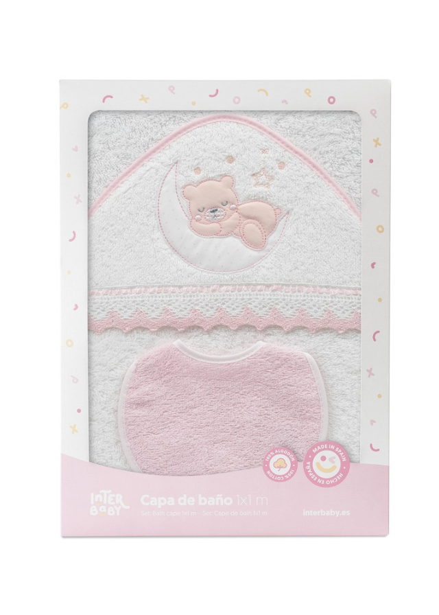 Prosop cu Capison 100x100 cm si Bavetica Alb-Roz cu Ursulet pe Semiluns 01248-12 Interbaby
