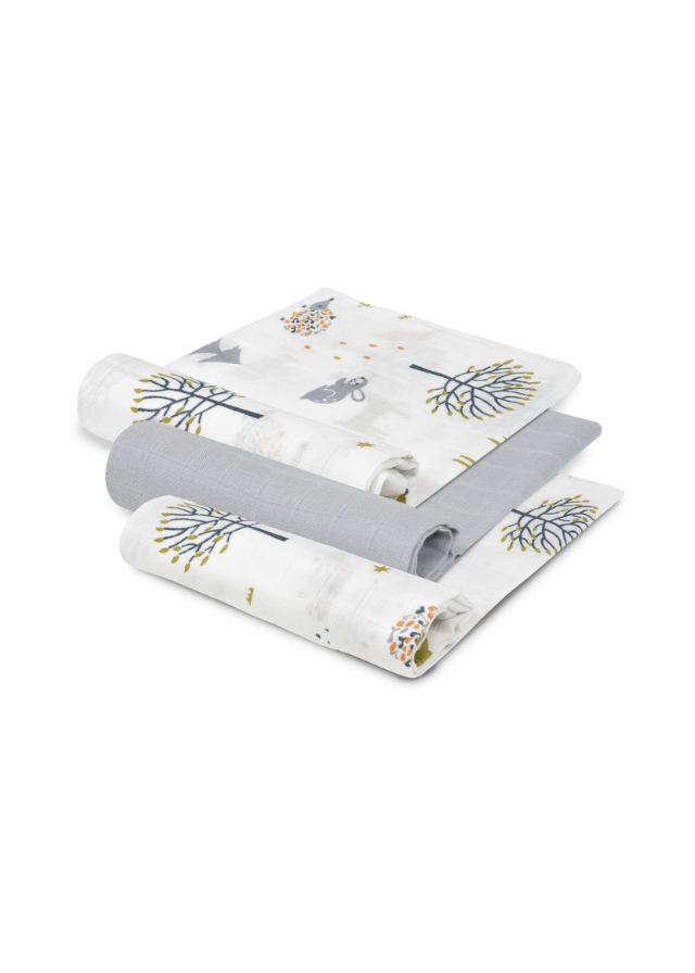 Set 3 Scutece Muselinadin Bambus Alb-Gri cu Imprimeu Copaci 55x70 cm 98975-31 Interbaby