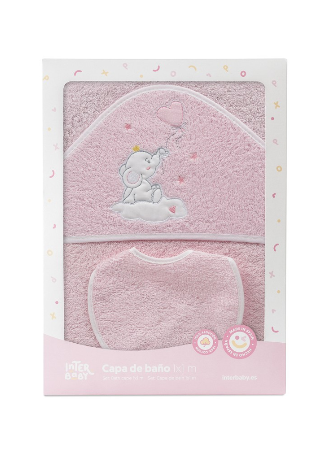 Prosop cu Capison 100x100 cm si Bavetica Roz cu Elefantel 01247-02 Interbaby