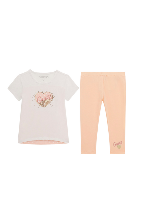 2 Piece Set, White Heart T-Shirt and Pink Tights K4GG01 Guess