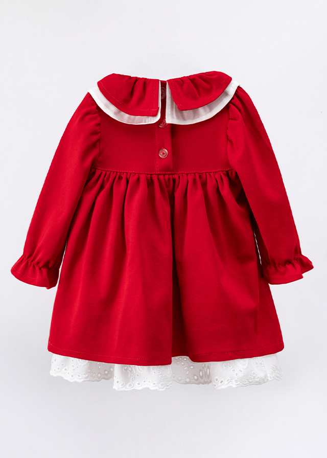 Red dress with long sleeves with frill at the collar and bunny accessory art 3557 Mino Baby