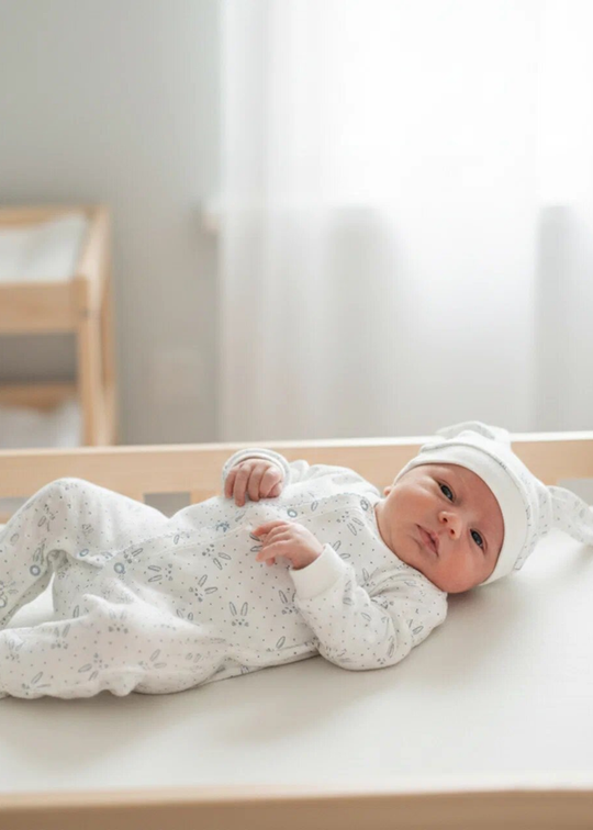 Salopeta Lunga Crem cu Bleu cu Iepuri si Fes cu Urechi S78749 Kitikate