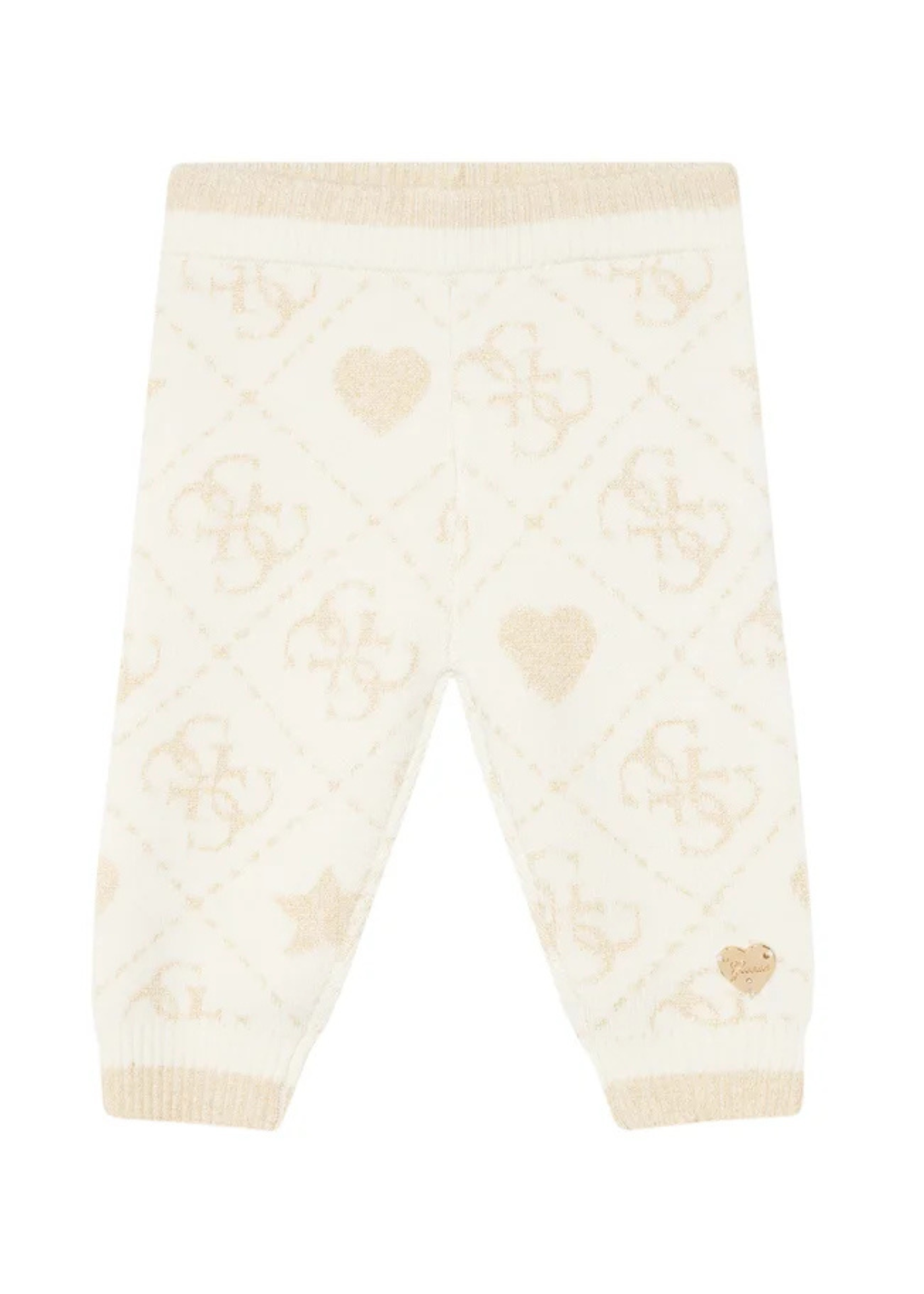 Set 2 Piese Tricotat Bluza si Pantaloni Lungi Crem cu Model Bej Auriu Monograme si Inimi A5BG03 Z39N0 F15T Guess