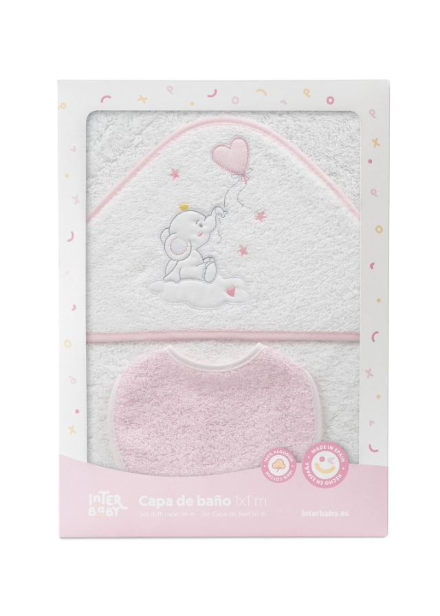Prosop cu Capison 100x100 cm si Bavetica Alb-Roz cu Elefantel 01247-12 Interbaby