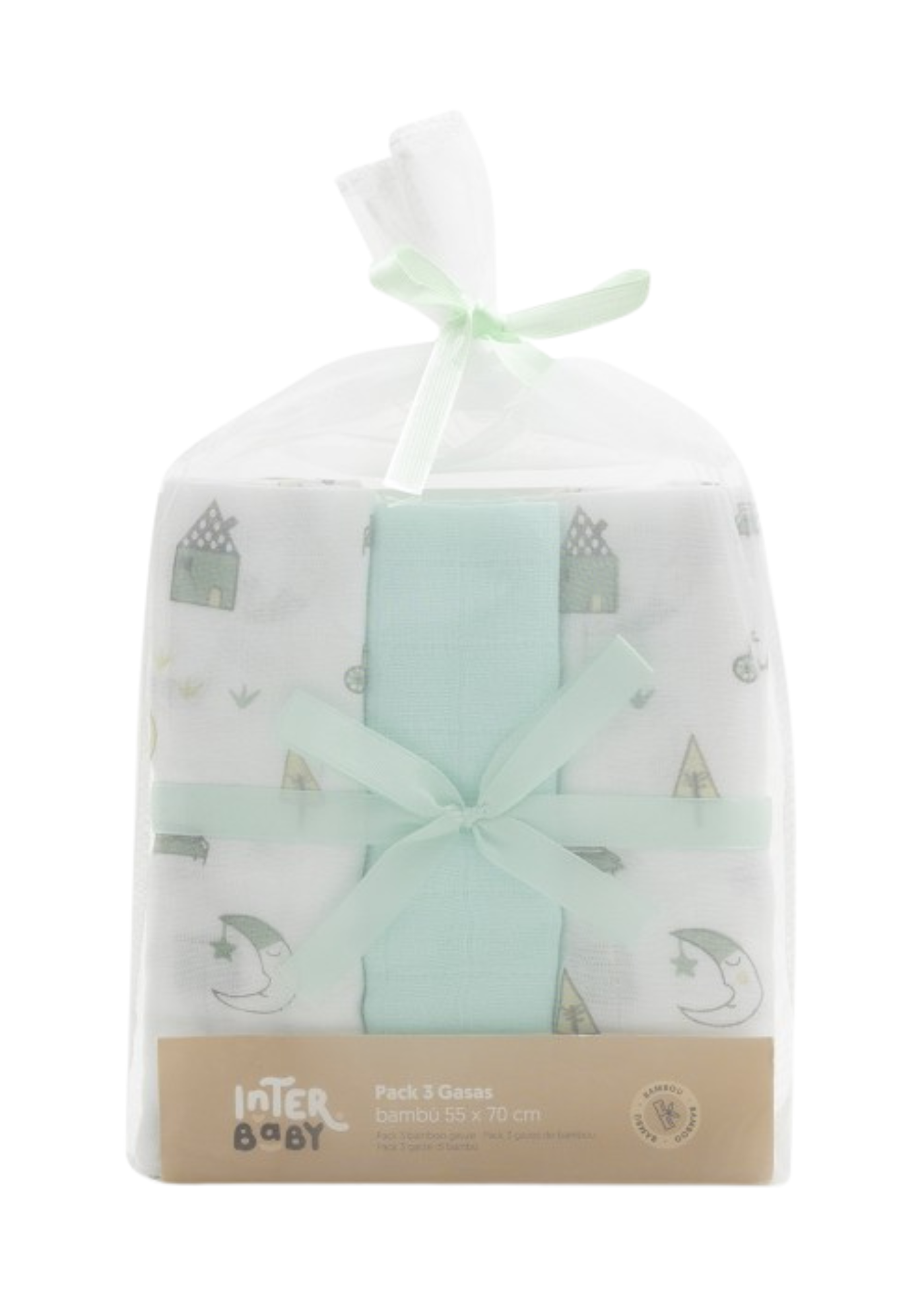 Set 3 Scutece Muselina Bambus Alb-Verde Menta Imprimeu Semiluna –55x70 cm 98976-58 InterBaby