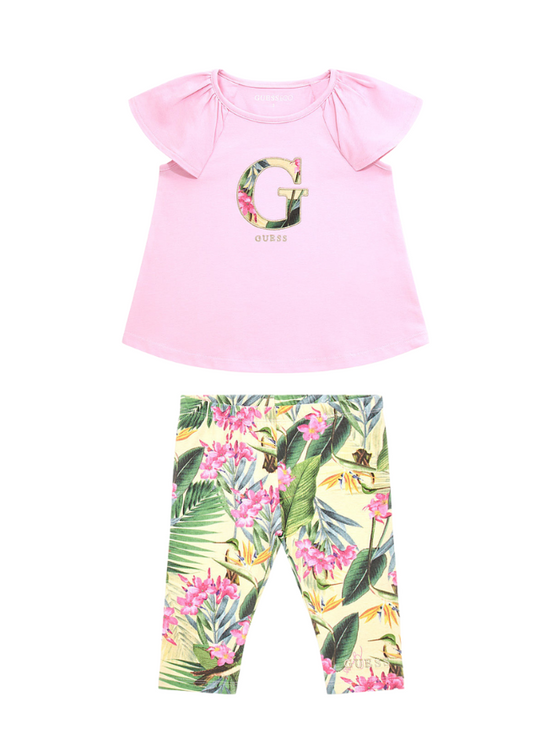 2 Piece Set, Pink T-Shirt and Tights with Tropical Green Print K4GG02 Guess