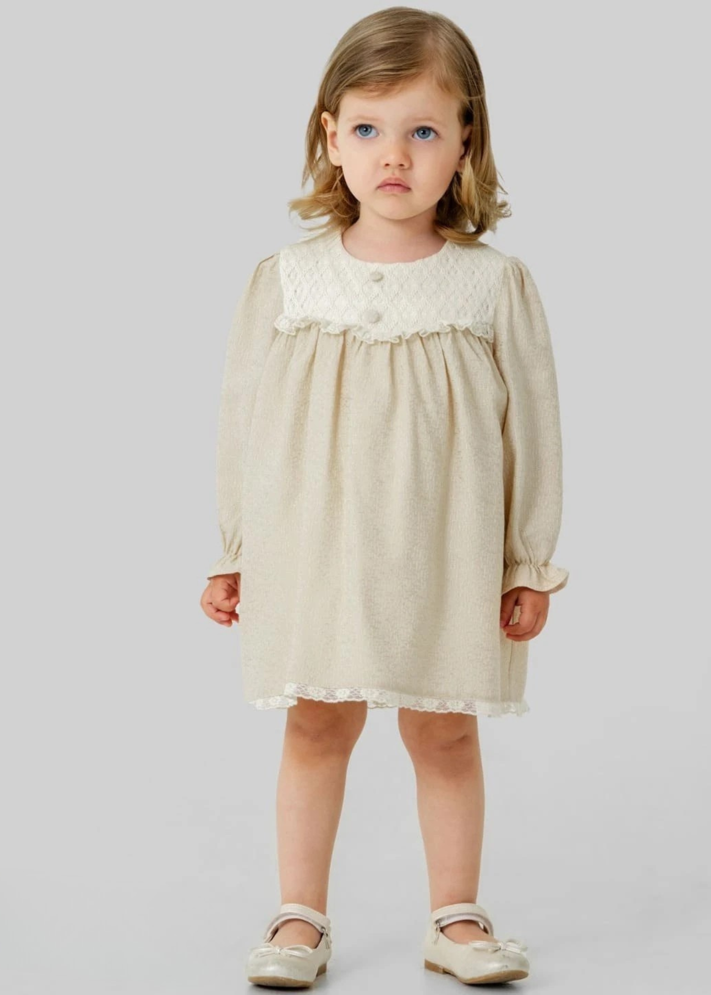 Rochie cu Maneca Lunga Bej Brocard cu Insertie Tricot pe Bust 4404 MyMio