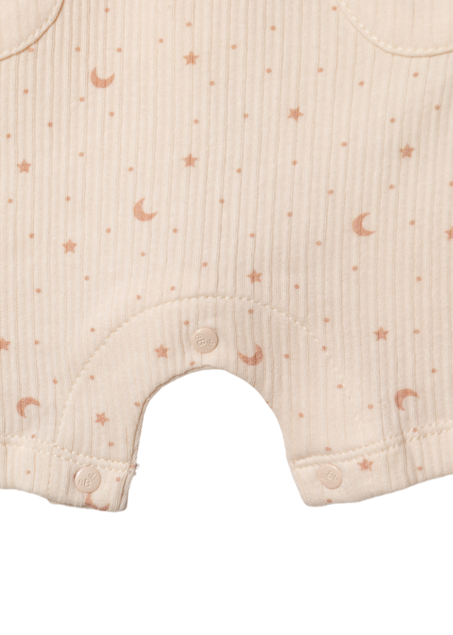 Salopeta Scurta Bumbac Organic Crem cu Imprimeu Luna si Stele Bej 2028 Bubbles