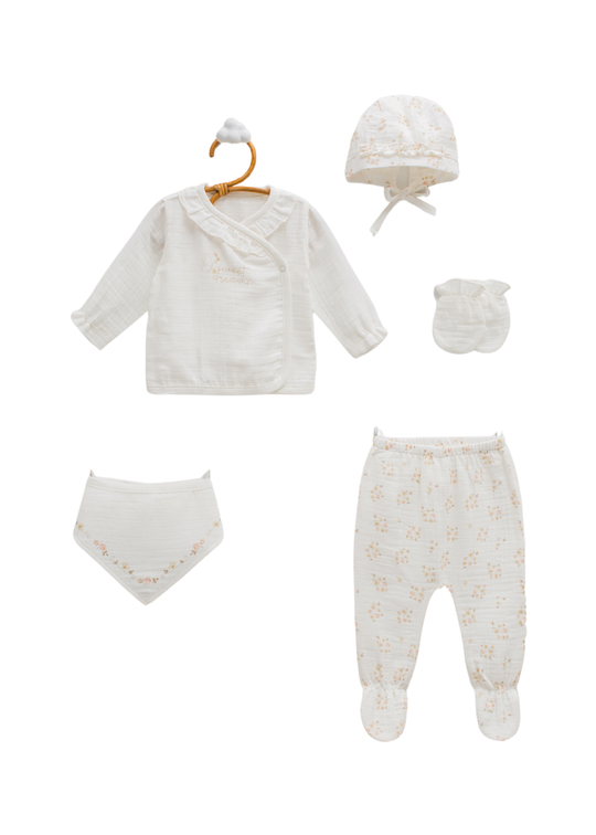 Set 5 Piese Nou Nascut Muselina Crem cu Flori ZK2422 Mell Sweet Baby