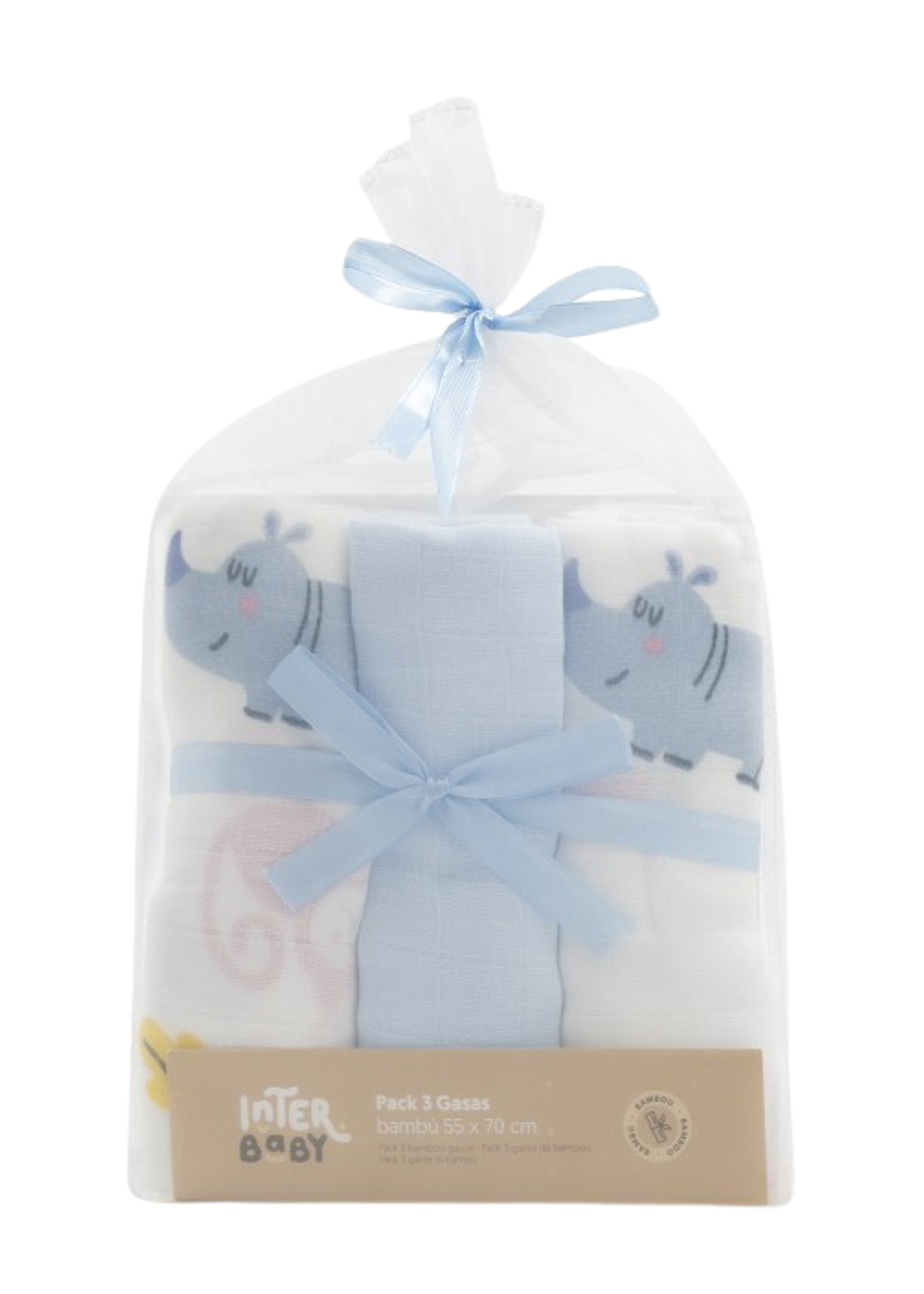 Set 3 Scutece Muselina Bambus Alb-Bleu Imprimeu Animale – 55x70 cm 98977-01 InterBaby