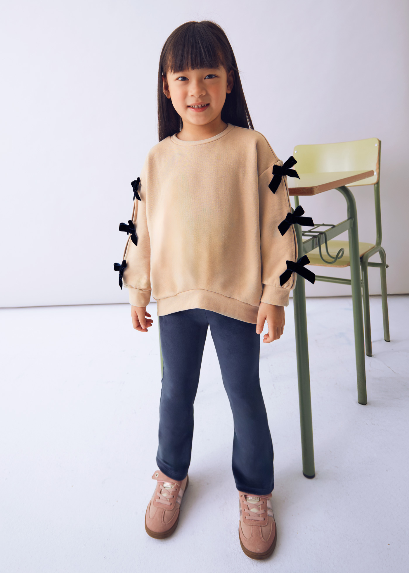 Set 2 Piese Bluza Bej cu Funde Catifea si Colanti Catifea Bleumarin 4725 Mayoral