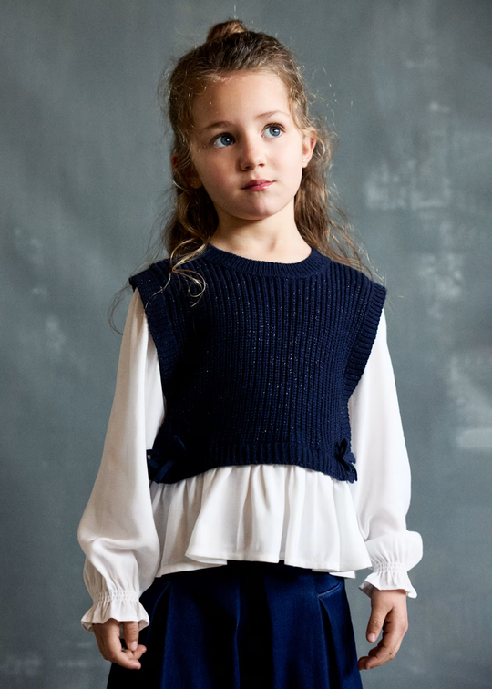 Bluza cu Maneca Lunga si Vesta Tricotata Bleumarin pentru Fete 4036 – Mayoral