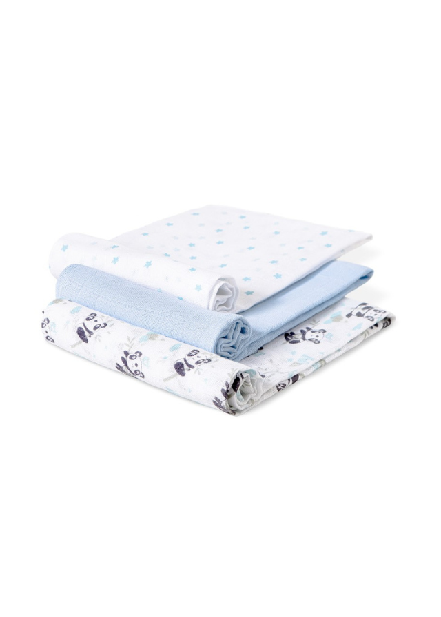 Set 3 Scutece din Muselina Alb-Bleu Imprimeu Panda 80x80 cm 98972-01 Interbaby