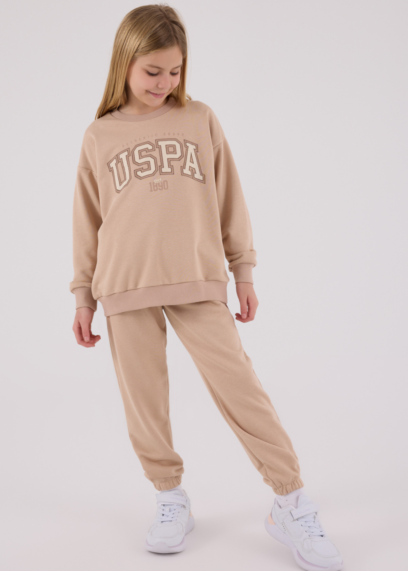 Trening 2 Piese Bej Bluza Sport cu Logo si Pantaloni Lungi US2312-4 Us Polo Assn