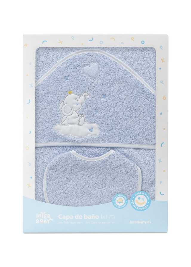Prosop cu Capison 100x100 cm si Bavetica Bleu cu Elefantel 01247-01 Interbaby