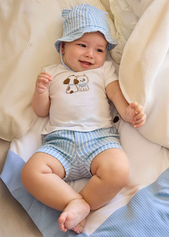 Mayoral Set of 3 Blue Striped T-Shirt, Shorts, and Hat 1276