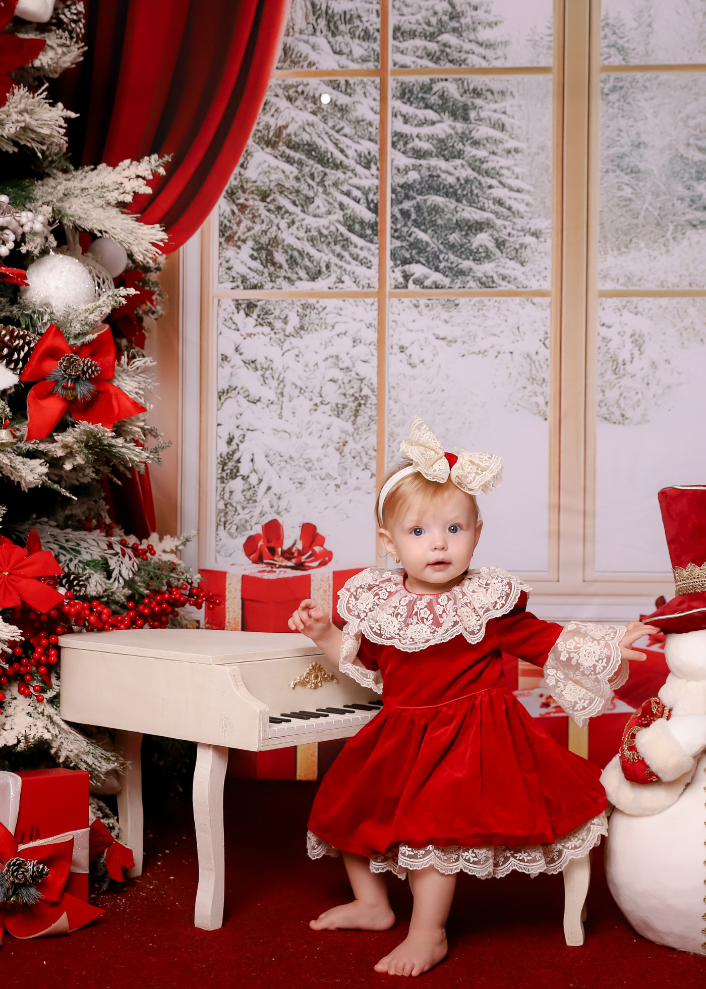 Red Velvet Dress with Ruffles and White Lace at the Neck and Sleeves AnneBebe