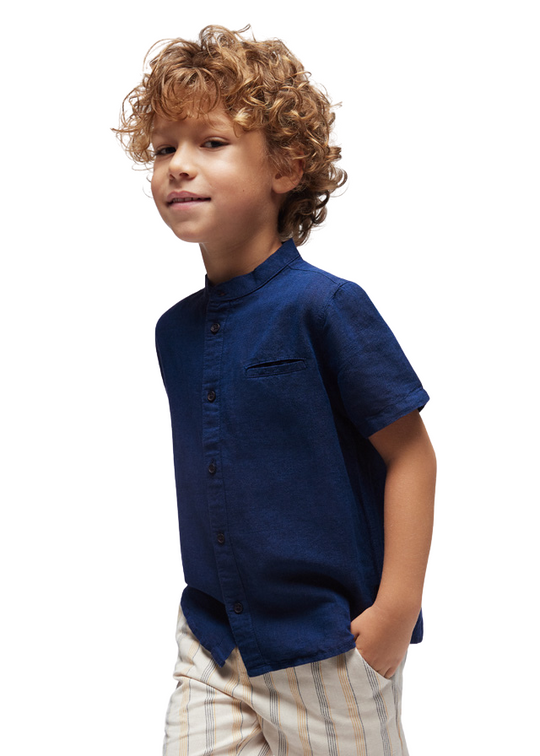 Navy Blue Linen and Cotton Short Sleeve Shirt with Chimoni Collar 3113 Mayoral
