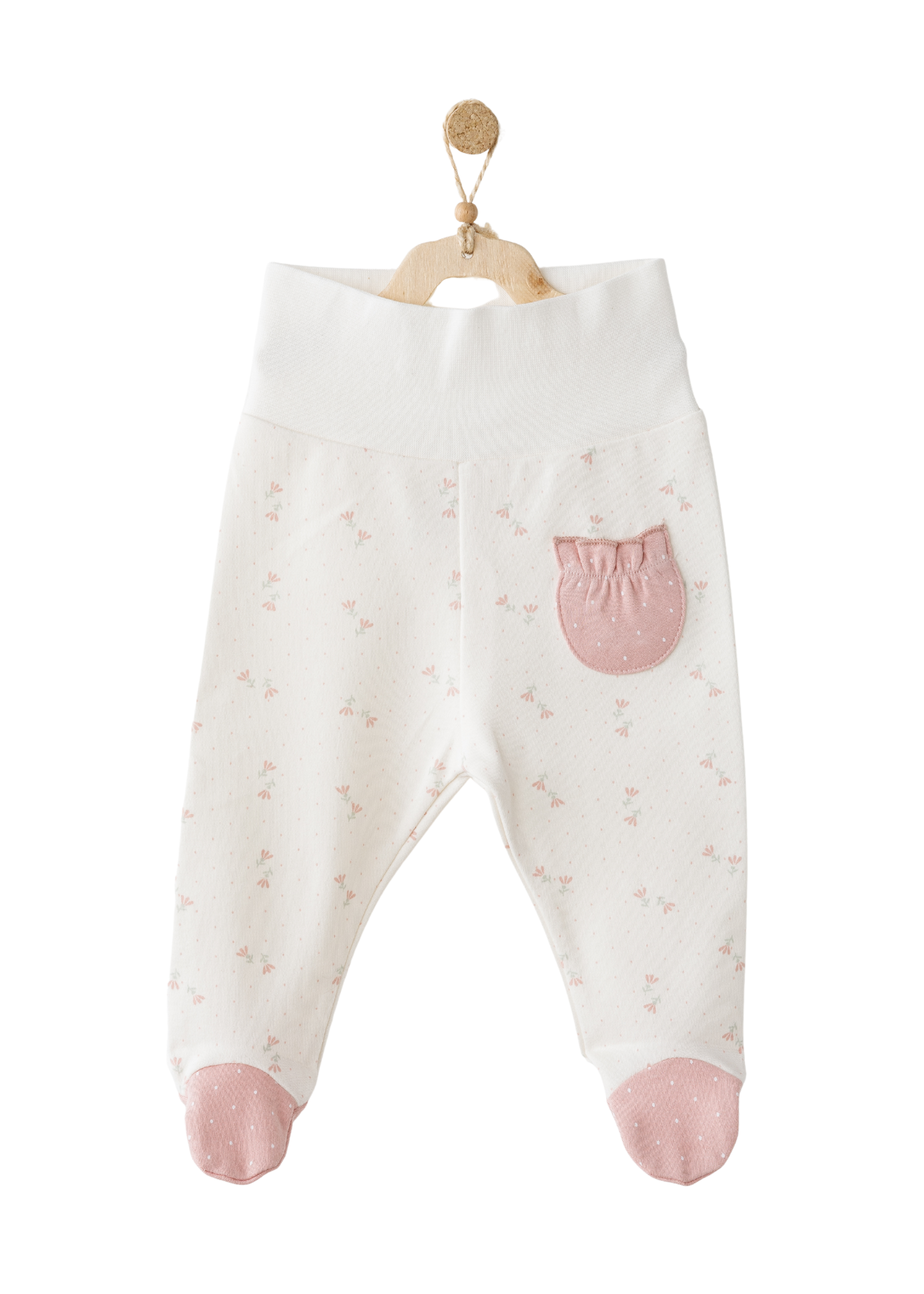Set 3 Piese Bluza Roz cu Picouri, Pantaloni Lungi Crem si Fes Ac26086 Andywawa