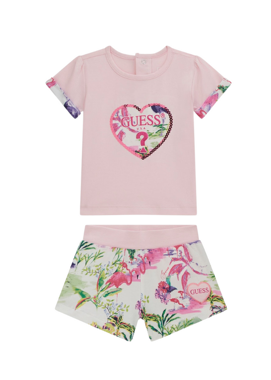2 Piece Set, Pink T-Shirt with Heart and Shorts with Pink Floral Print A4GG13 Guess