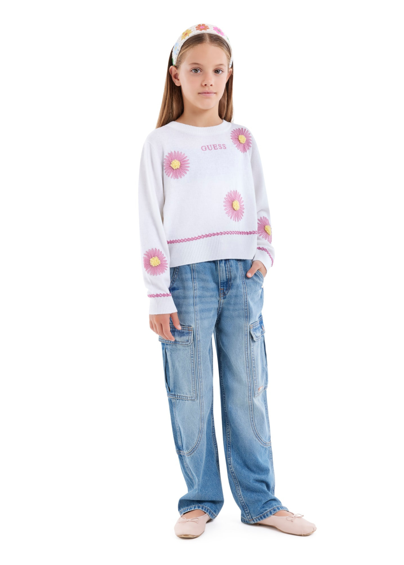 Pulover Crem cu Imprimeu Flori Roz J5YR10 Z0110 G012 Guess
