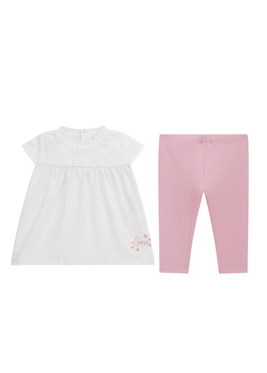2 Piece Set, White T-shirt with Sparta Embroidery Bust and Pink Tights A4GG08 Guess