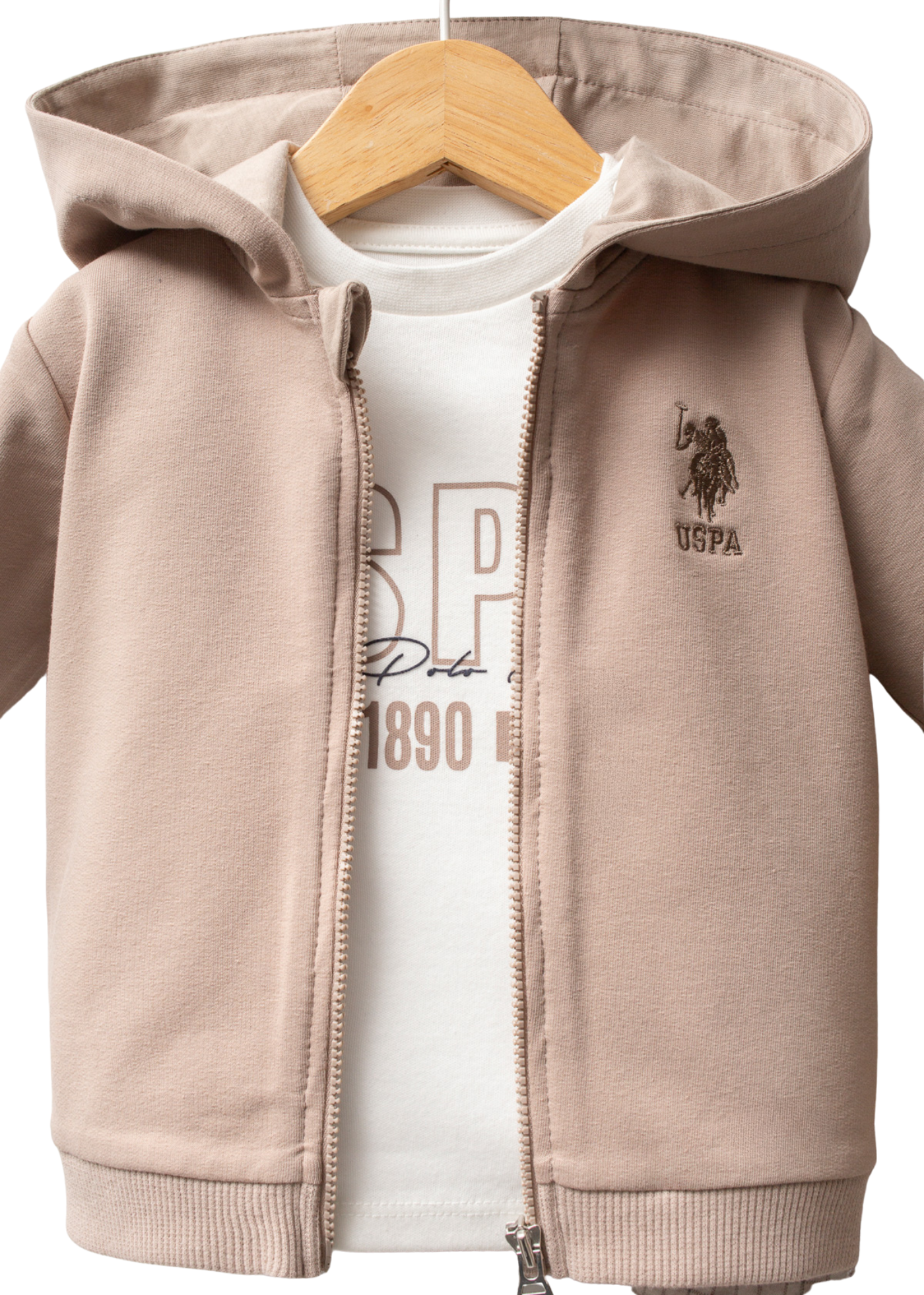 Set 3 Piese Jacheta Bej cu Fermoar si Buzunare Bluza Crem si Pantaloni Sport Negri USB 2579 Us Polo Assn