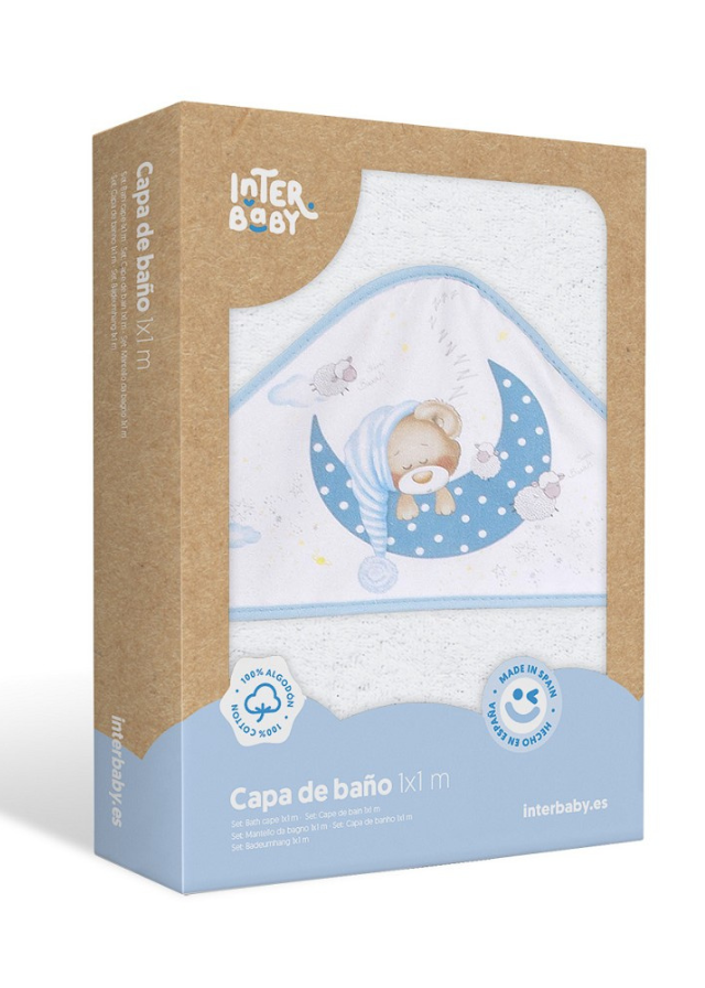 Prosop cu Capison 100x100 cm si Bavetica Alb-Bleu cu Ursulet pe Semiluna 01225-11 Interbaby
