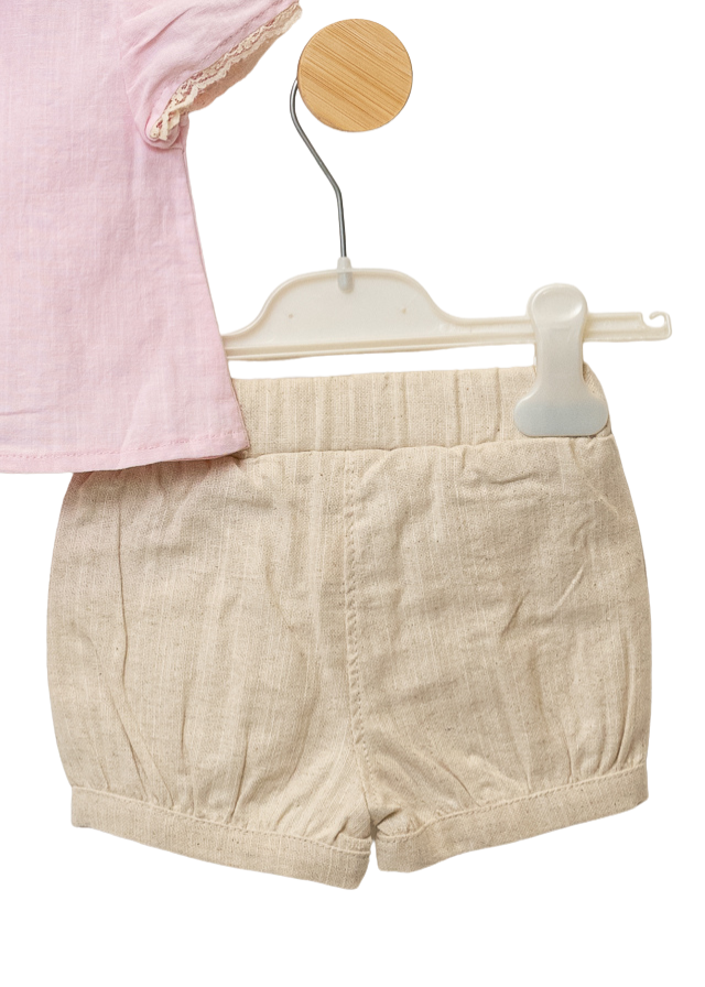 Set 2 Piese Bluza Roz cu Maneca Scurta si Guler si Pantaloni Scurti 6614 Bili Baby