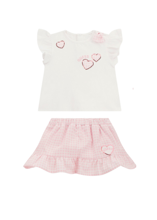 2 Piece Set, White T-shirt with Pink Sequin Hearts and Skirt with Pink Squares A4GG11 Guess