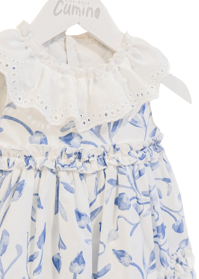 Set 3 Piese Rochie Alba cu Flori Albastre Chilotel si Palarie 3641 Mino Baby