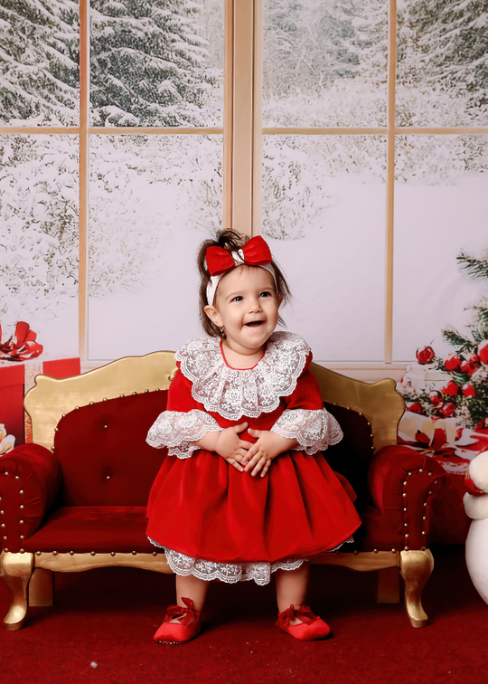 Red Velvet Dress with Ruffles and White Lace at the Neck and Sleeves AnneBebe