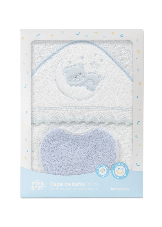 Prosop cu Capison 100x100 cm si Bavetica Alb-Bleu cu Ursulet pe Semiluna 01248-11 Interbaby