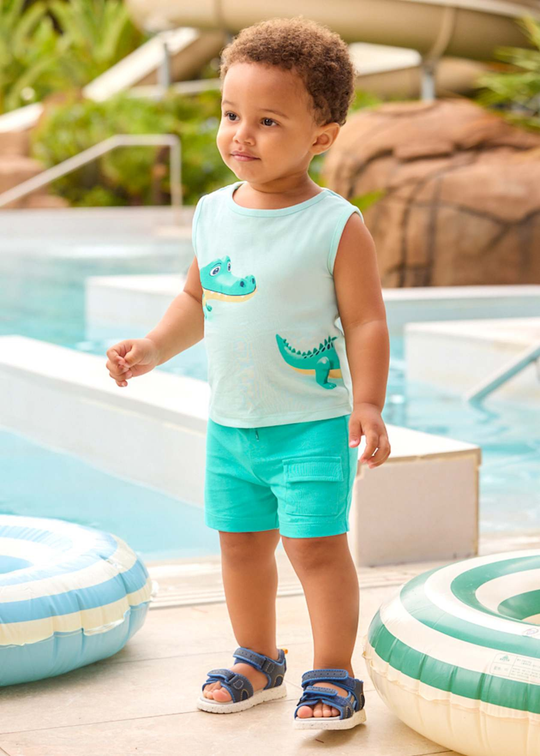 Set 3 Piese Maieu Tricou si Pantaloni Scurti Turquoise cu Palmieri 1673 Mayoral