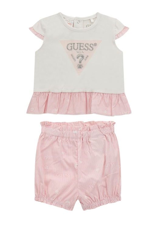 2 Piece Set, White T-shirt and Shorts with Pink Stripes S4GG01 Guess