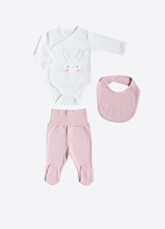 Set de 3 Piese Body, Pantaloni si Baveta din Bumbac cu Model Ursulet pentru Fetite S60888 – KitiKate