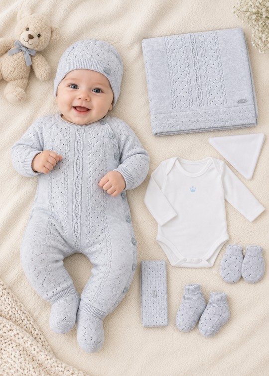 Set Nou-Nascut Tricotat Bleu 7 Piese pentru Baieti 3163 – Leo King