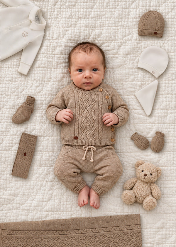 Set maternitate 8 piese bej cu lana merinos cardigan, pantaloni, salopeta bbc si paturica art 3459 Leo King