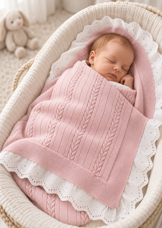 Paturica Tricotata Roz din Bumbac cu Caciula si Fasa 6399 – Leo King