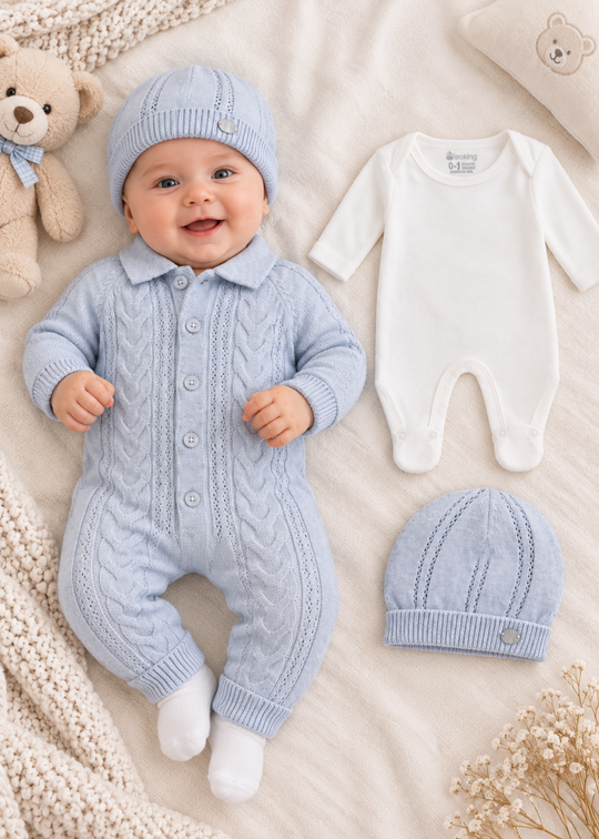 Set 3 Piese Tricotat Bleu cu Salopeta, Fes si Body pentru Baieti 7482 – Leo King