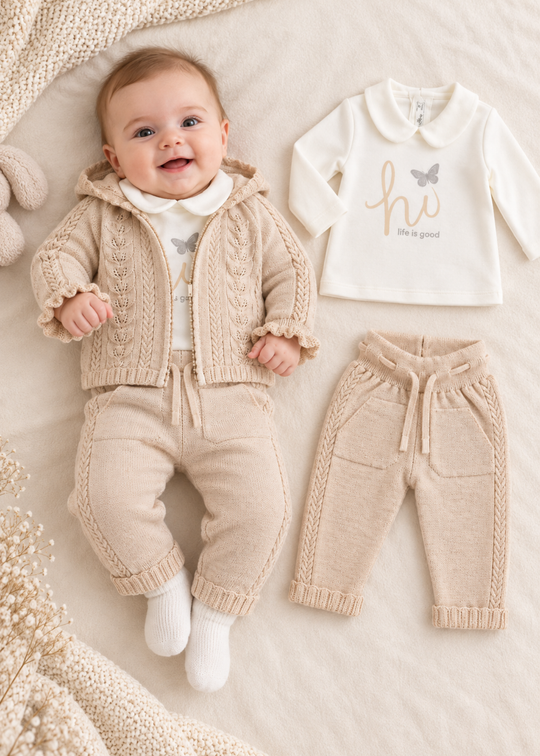 Set Tricotat din Bumbac Bej 3 Piese pentru Fetite 8056 – Leo King