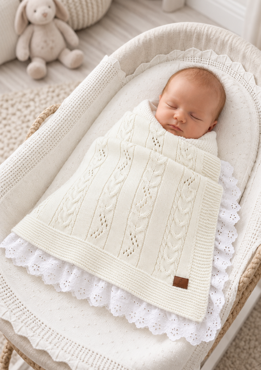 Set Paturica Tricotata Alba cu Lana Merinos si Pled din Bumbac 9720 – Leo King