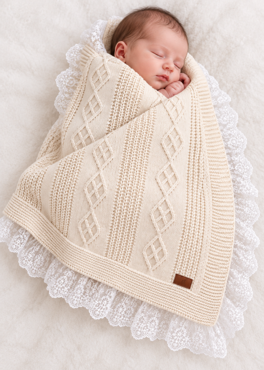 Set Paturica Tricotata Bej cu Lana Merinos si Pled Bumbac Alb pentru Fetite 9723 – Leo King