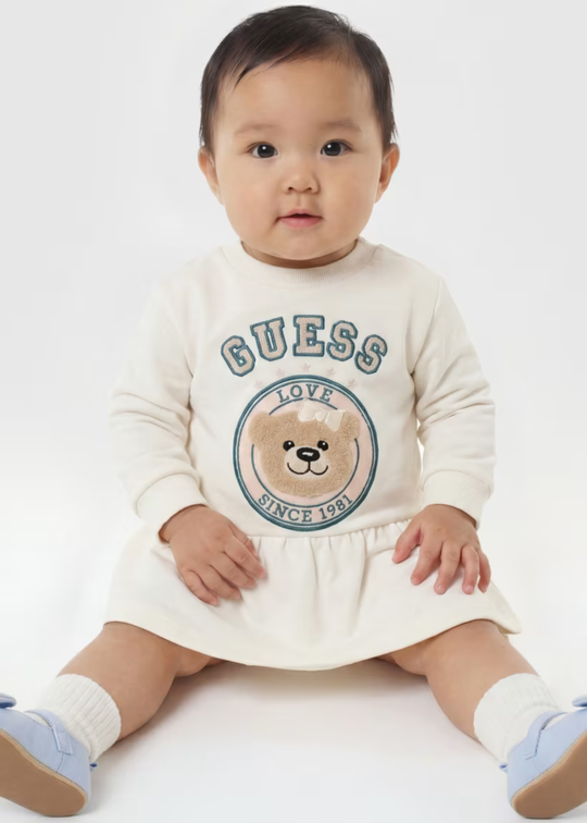 Set 2 Piese Rochie Sport cu Maneca Lunga si Chilot din Bumbac Crem pentru Fetite A6YK06 – Guess
