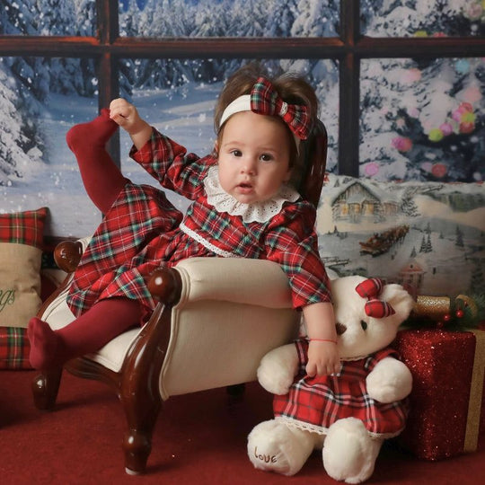 Rochita Eleganta Maneca Lunga Fetite Carouri Rosu Verde AnneBebe