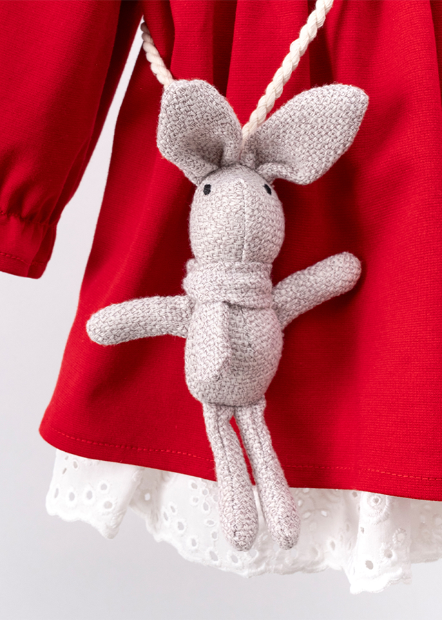 Red dress with long sleeves with frill at the collar and bunny accessory art 3557 Mino Baby